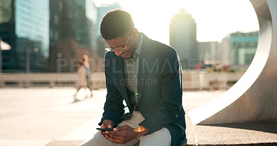 Buy stock photo Business, phone or happy black man in city on social media to chat on internet post or website notification. News, smile or African entrepreneur texting, networking or typing online on mobile app