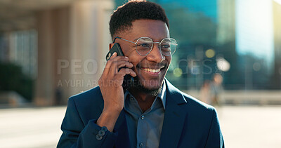 Business deal, smile or black man on a phone call in city talking, networking or speaking outdoors. Mobile chat, communication or happy African entrepreneur in conversation, discussion or negotiation