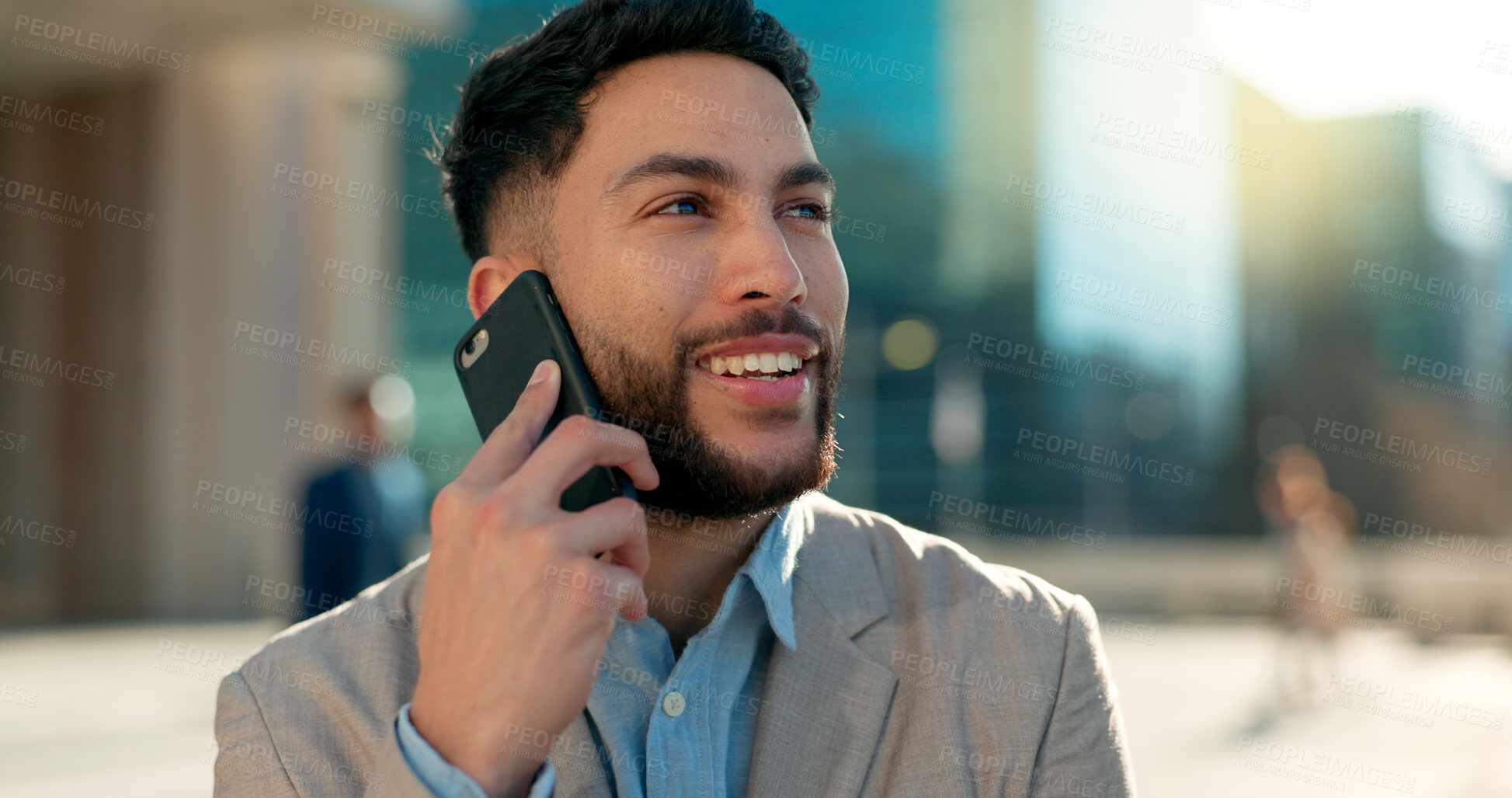 Buy stock photo Negotiation, city or happy businessman on a phone call talking, networking or speaking to chat. Mobile, communication or Arabic male entrepreneur in conversation, discussion or deal offer outdoors