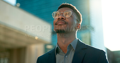 Black man in business, thinking about future ideas and corporate employee outdoor, dream and inspiration. Insight, decision and brainstorming with goals, mind with travel or commute to work in city