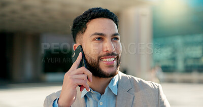 Negotiation, city or happy businessman on a phone call talking, networking or speaking to chat. Mobile, communication or Arabic male entrepreneur in conversation, discussion or deal offer outdoors