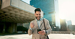 Walking, phone or happy businessman in city on social media, internet post or website notification. News, smile or Arabic entrepreneur on mobile app texting, networking or typing online in town