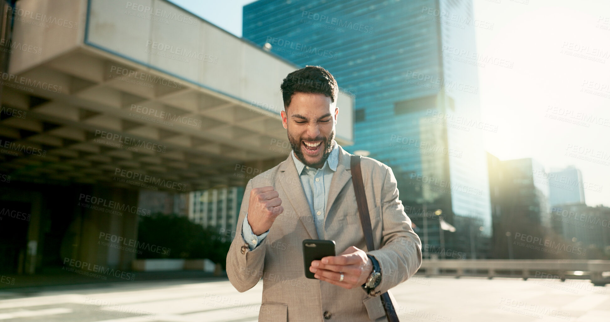 Buy stock photo Walking, phone or happy businessman in city on social media, internet post or website notification. News, smile or Arabic entrepreneur on mobile app texting, networking or typing online in town