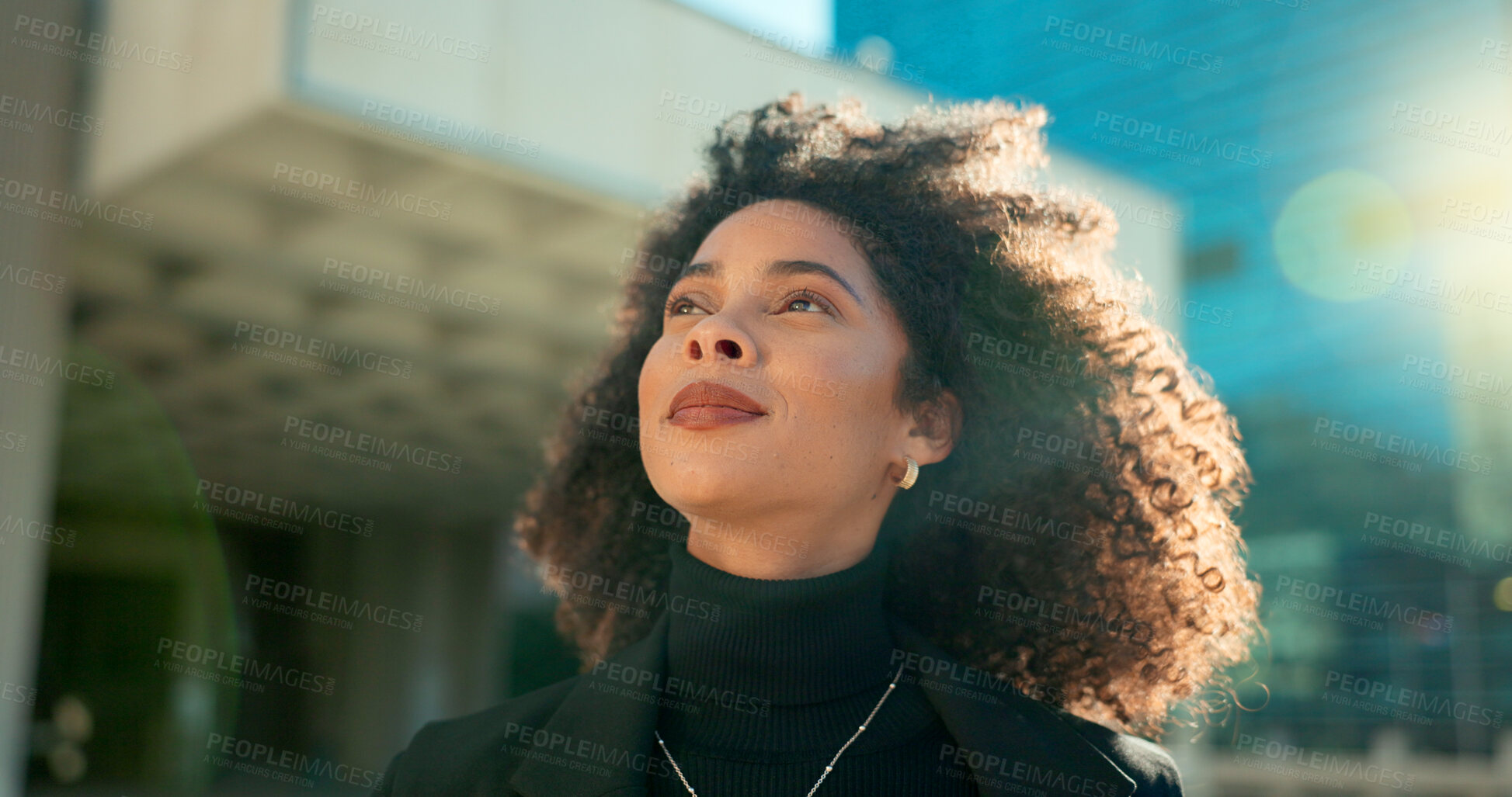 Buy stock photo Face, thinking and wind with a business black woman in the city for growth, opportunity or inspiration. Vision, street and smile with a happy young employee looking around an urban town for ideas