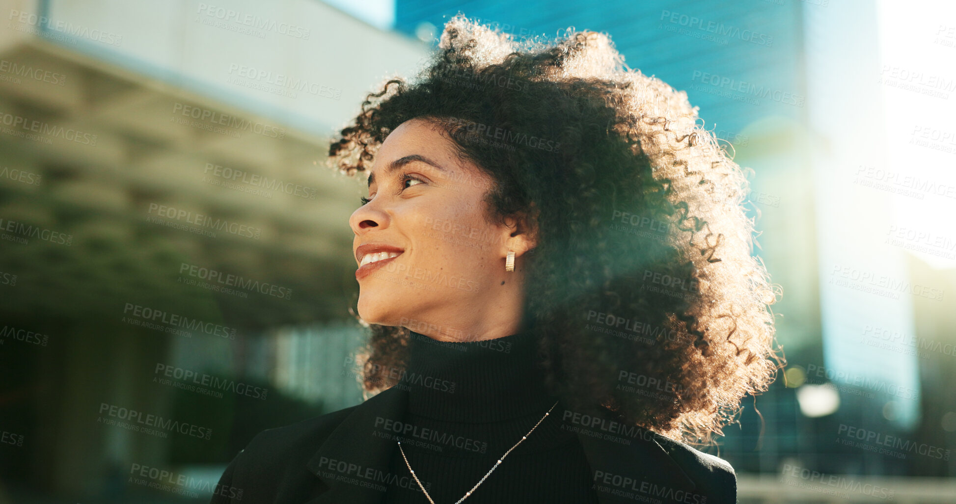 Buy stock photo Face, thinking and wind with a business black woman in the city for growth, opportunity or inspiration. Idea, street and smile with a happy young employee looking around an urban town for vision