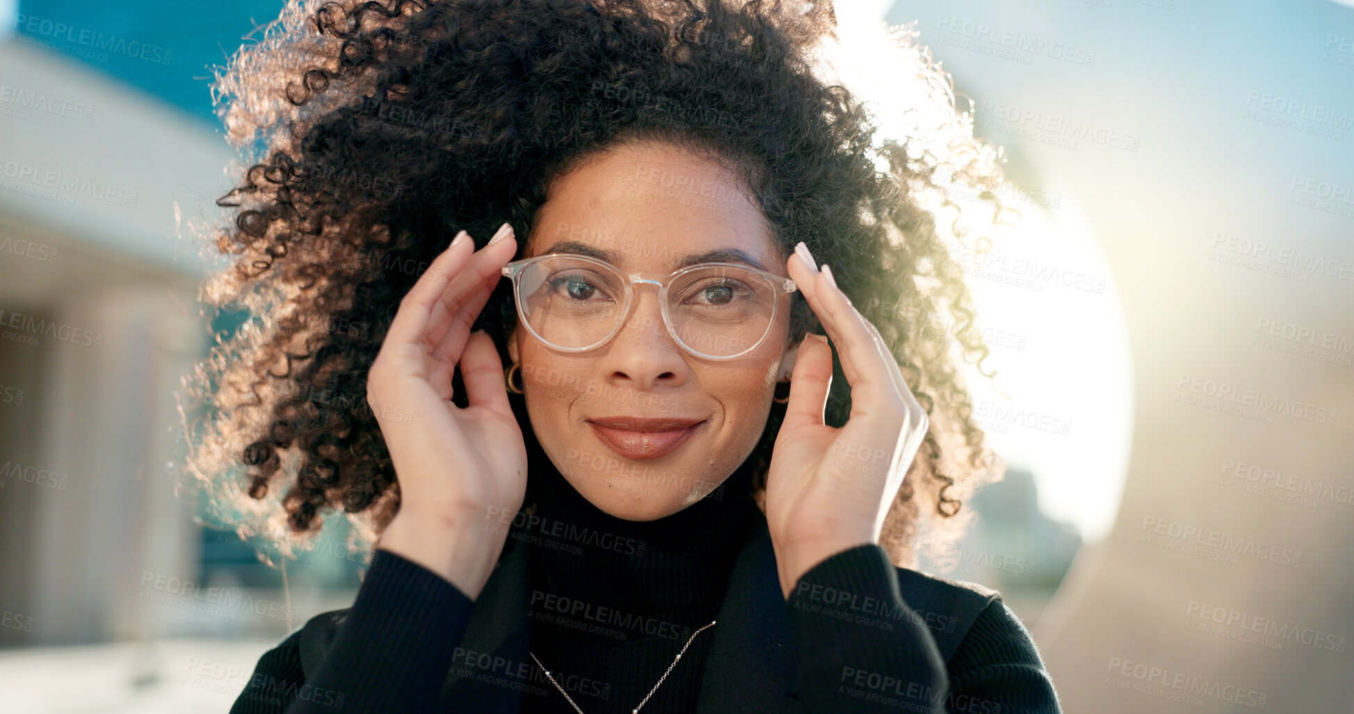 Buy stock photo Face, city and woman with glasses, business and smile with professional, lens flare and career. Portrait, happy person and entrepreneur with eyewear, sunshine and clear vision with employee outdoor