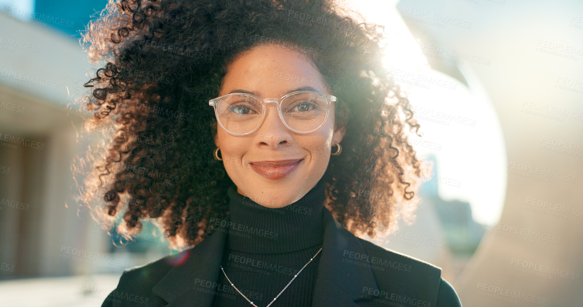 Buy stock photo Face, city and woman with glasses, business and smile with professional, lens flare and career. Portrait, happy person and entrepreneur with eyewear, sunshine and clear vision with employee outdoor