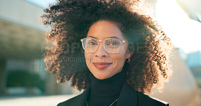 Face, city and woman with glasses, business and smile with professional, lens flare and career. Portrait, happy person and entrepreneur with eyewear, sunshine and clear vision with employee outdoor