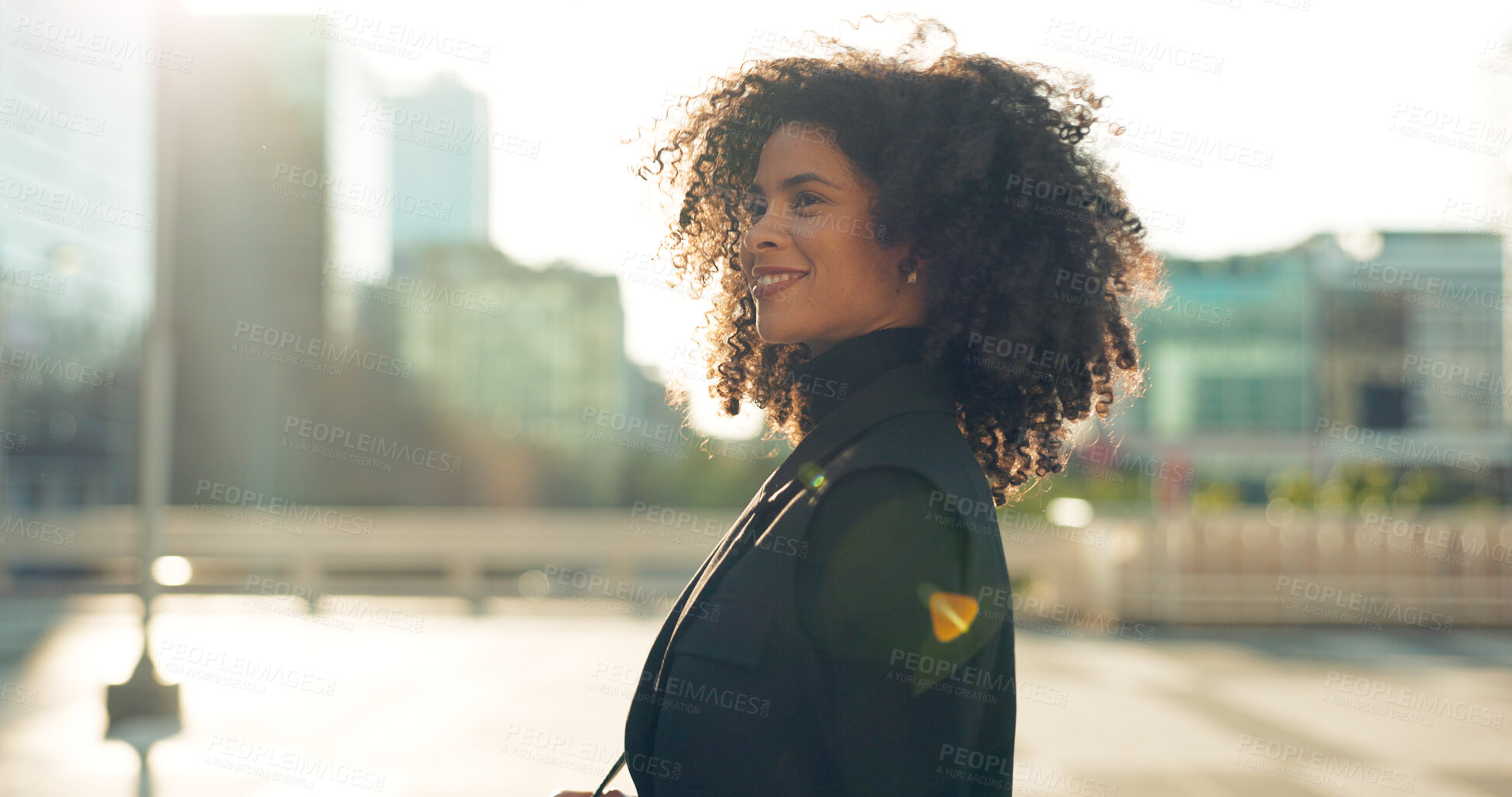 Buy stock photo Business, black woman and walking outdoor in city building with thinking and smile for morning travel or journey outdoor. Happy, person with afro and corporate worker moving to work in urban town