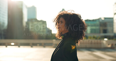 Buy stock photo Business, black woman and walking outdoor in city building with thinking and smile for morning travel or journey outdoor. Happy, person with afro and corporate worker moving to work in urban town