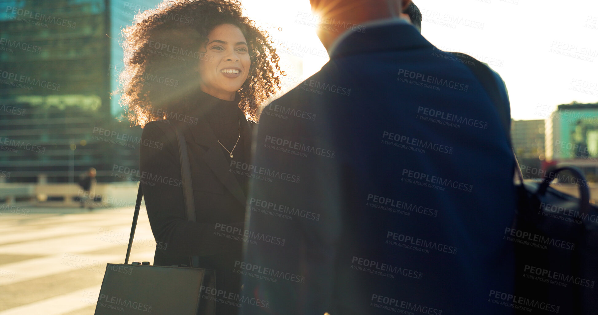 Buy stock photo Business woman, people handshake and city for b2b partnership, outdoor deal and travel meeting or success. Professional employees or clients shaking hands, group introduction or talking in lens flare