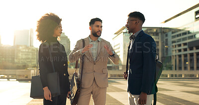 Buy stock photo Business people, handshake and team in street, talk and city with meeting, introduction and attorney group. Men, women or corporate law employees with shaking hands, friends or outdoor on road in cbd