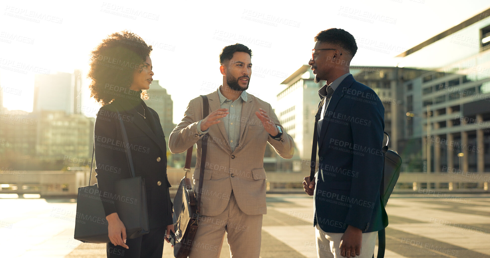 Buy stock photo Business people, handshake and team in street, talk and city with meeting, introduction and attorney group. Men, women or corporate law employees with shaking hands, friends or outdoor on road in cbd