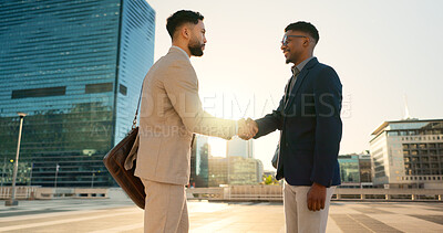 Buy stock photo Networking, walking or business people shaking hands in city for project agreement or b2b deal. Teamwork, outdoor handshake or men meeting for a negotiation, offer or partnership opportunity together