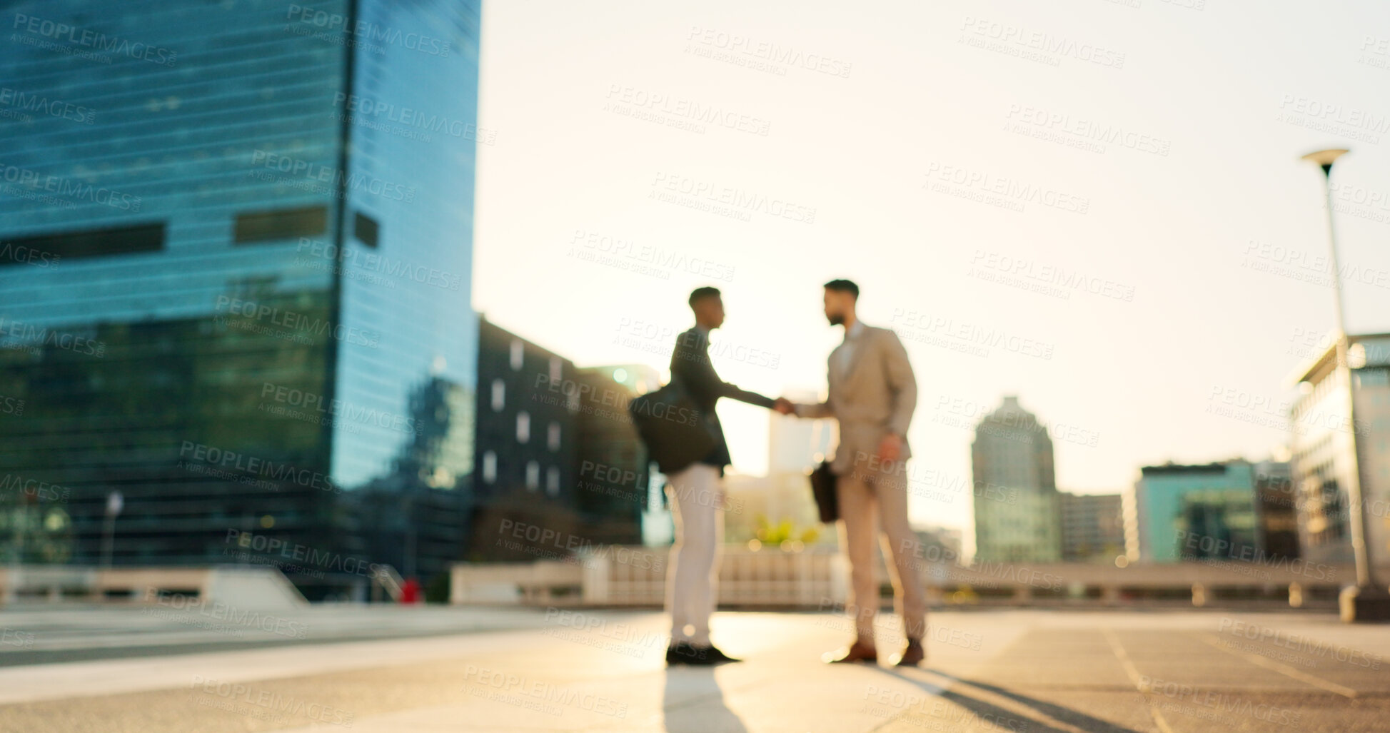 Buy stock photo Networking, walking or business people shaking hands in city for project agreement or b2b deal. Teamwork, outdoor handshake or men meeting for a negotiation, offer or partnership opportunity together