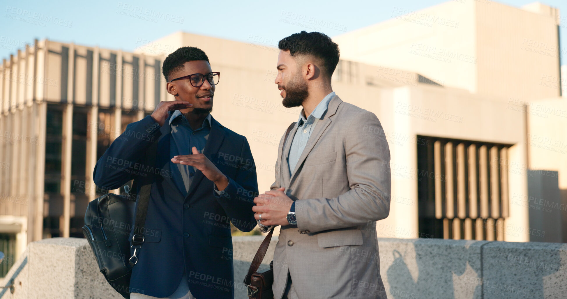 Buy stock photo Businessmen, rooftop and discuss business idea for profit increase, stock market and investment. Data analysts, conversation and corporate collaboration in city building, company and communication