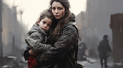 Mom hold child in war zone. Refugee, poverty, war and peace concept