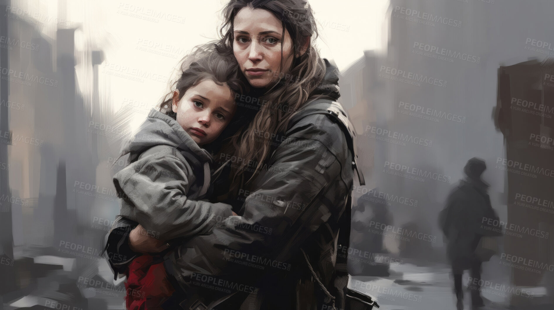 Buy stock photo Mom hold child in war zone. Refugee, poverty, war and peace concept