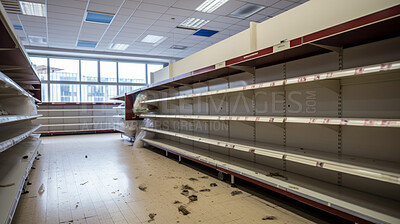 Buy stock photo Empty shelves in store. Food shortage, hunger, war and economic crisis concept