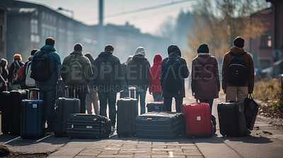 Buy stock photo Refugees waiting with bags and suitcases. War zone, homeless seeking asylum