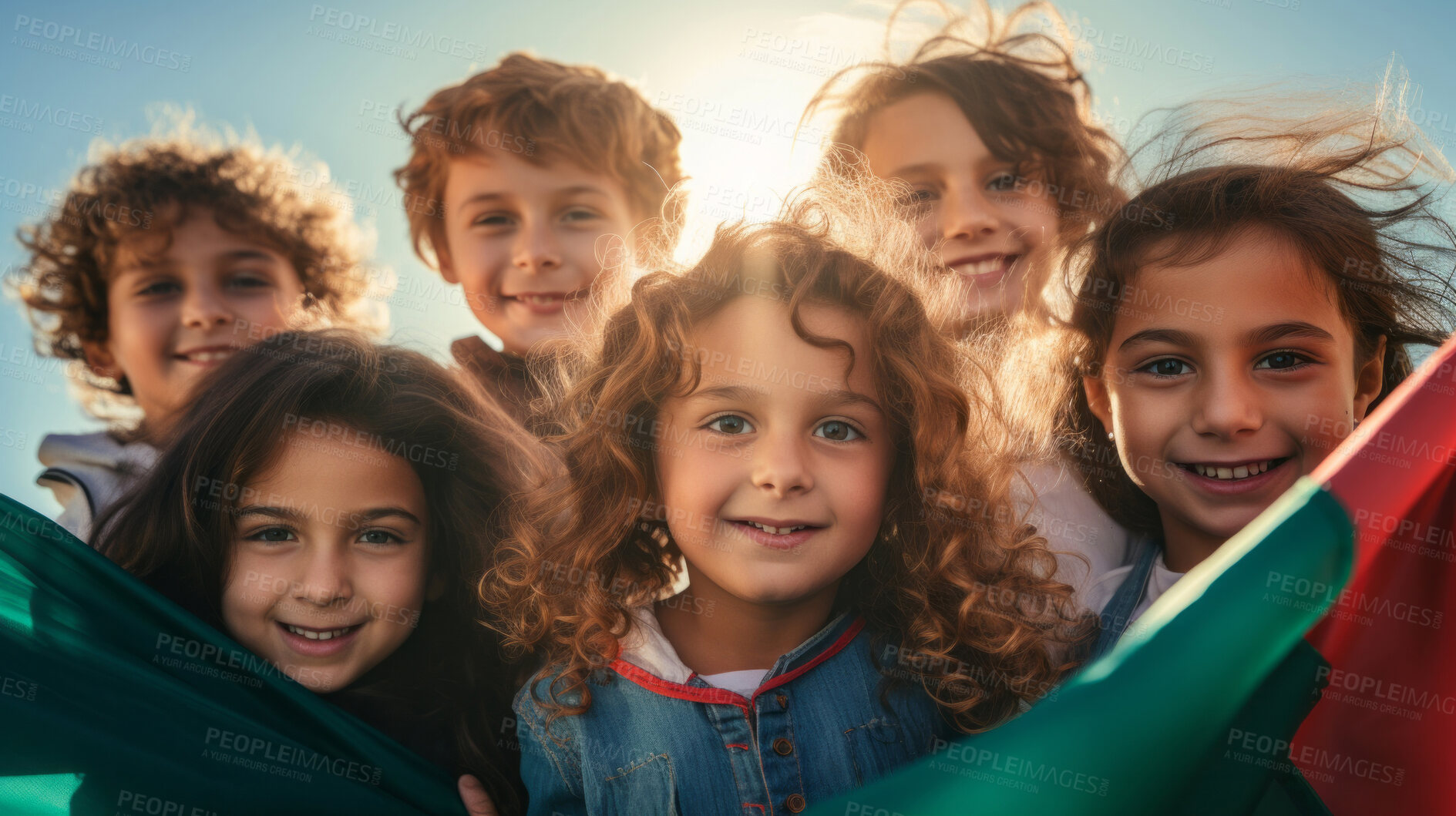 Buy stock photo Happy children with country flag. Symbol for patriotism, freedom, and growth concept