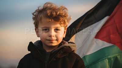 Buy stock photo Child with Palestine flag. Symbol for patriotism, freedom, and growth concept