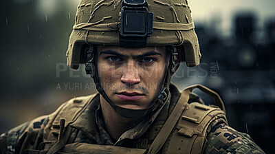 Buy stock photo Soldier in military combat gear. Patriotism, protection, war fight ready concept