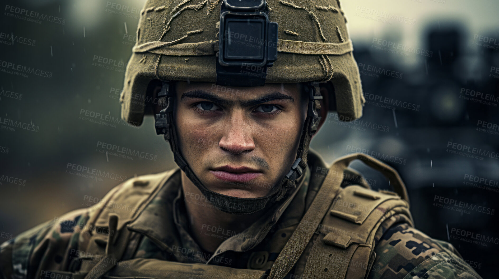 Buy stock photo Soldier in military combat gear. Patriotism, protection, war fight ready concept