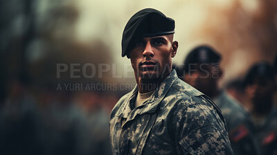 Buy stock photo Soldier in military combat gear. Patriotism, protection, war fight ready concept