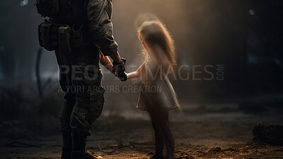 Buy stock photo Soldier helping a child. Rescue refugee child orphan during war, apocalypse concept