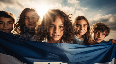 Buy stock photo Happy children with Israel flag. Symbol for patriotism, freedom, and growth concept