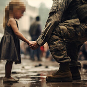 Soldier helping a child. Rescue refugee child orphan during war ...