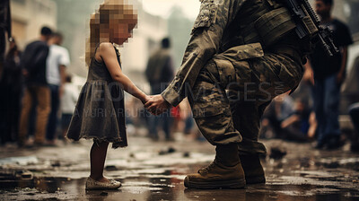 Buy stock photo Soldier helping a child. Rescue refugee child orphan during war, apocalypse concept
