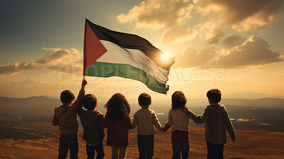 Buy stock photo Children with Palestine flag. Symbol for patriotism, freedom, and growth concept