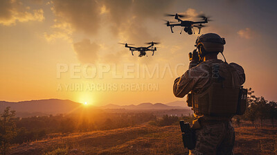 Buy stock photo Silhouette of soldier using drone for military combat or scouting operation.