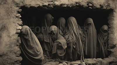 Buy stock photo Civilian refugees hiding during war. Bomb, shelter, safety from natural disaster concept