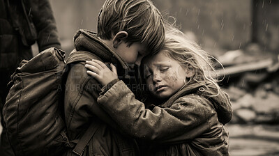 Buy stock photo Refugee children holding each other. War, orphan and poverty concept