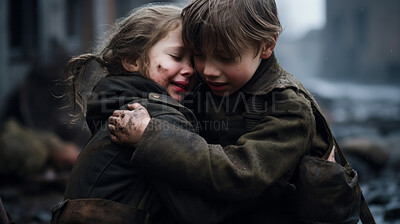 Buy stock photo Refugee children holding each other. War, orphan and poverty concept