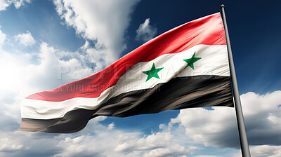 Buy stock photo Syria flag in the wind. Symbol for patriotism, freedom, and politics concept