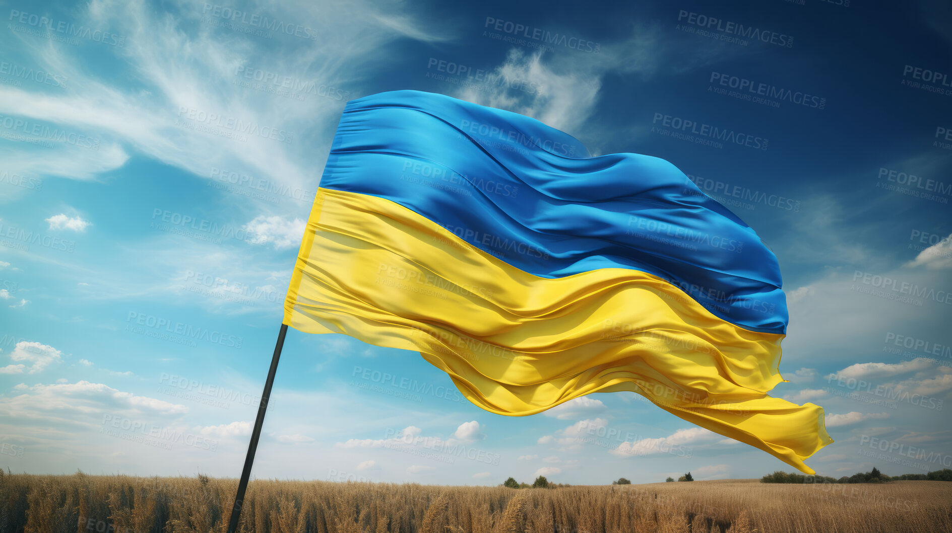 Buy stock photo Ukraine flag in the wind. Symbol for patriotism, freedom, and politics concept