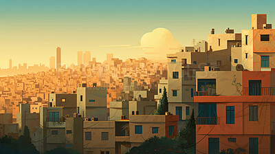 Buy stock photo Illustration of Middle Eastern residential houses in overcrowded populated area.