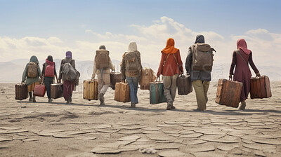 Buy stock photo Refugees walking with bags and suitcases. War zone, homeless seeking asylum