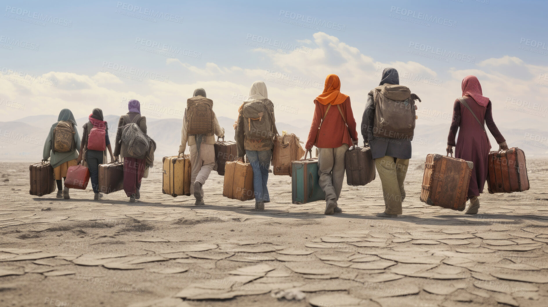 Buy stock photo Refugees walking with bags and suitcases. War zone, homeless seeking asylum