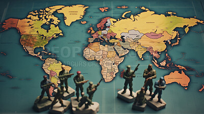Buy stock photo World map with toy soldiers. War and military political crisis concept