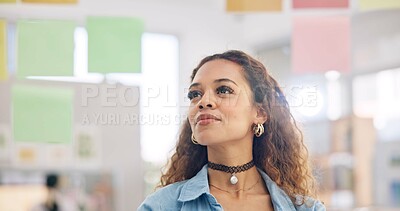 Buy stock photo Sticky note, board or face of woman planning project development, startup ideas or entrepreneur objectives. Moodboard, retail sales strategy or person brainstorming process, decision or solution plan