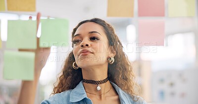 Buy stock photo Sticky note, board or face of woman planning project development, startup ideas or entrepreneur objectives. Moodboard, retail sales strategy or person brainstorming process, decision or solution plan