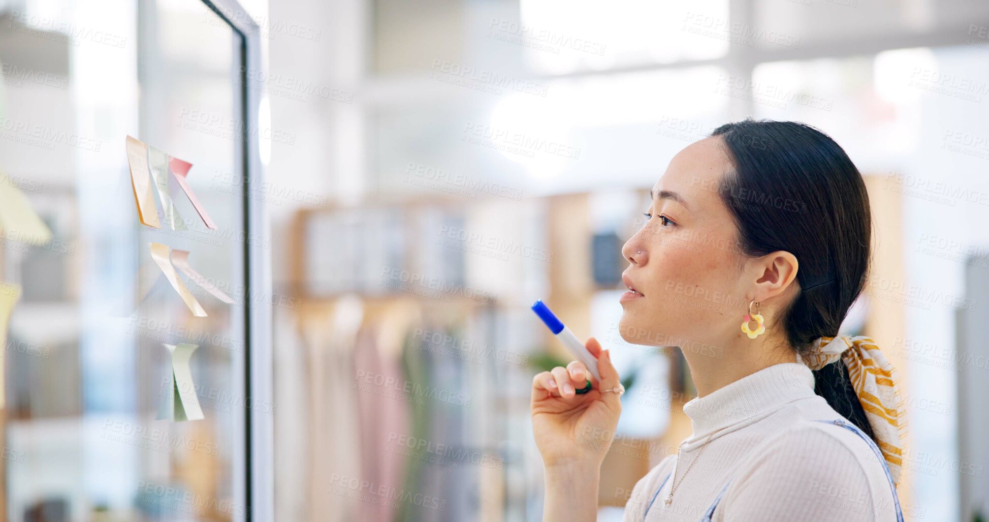 Buy stock photo Thinking, planning board and Asian woman, designer and analysis of research project, ideas or information. Strategy notes, retail entrepreneurship and face profile of Japanese worker brainstorming