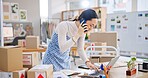 Ecommerce, Asian woman with phone call and tech, typing and checking sales and work at fashion startup. Online shopping, boxes and small business owner with tablet, laptop and networking for orders.