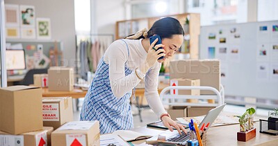 Buy stock photo Ecommerce, Asian woman with phone call and tech, typing and checking sales and work at fashion startup. Online shopping, boxes and small business owner with tablet, laptop and networking for orders.
