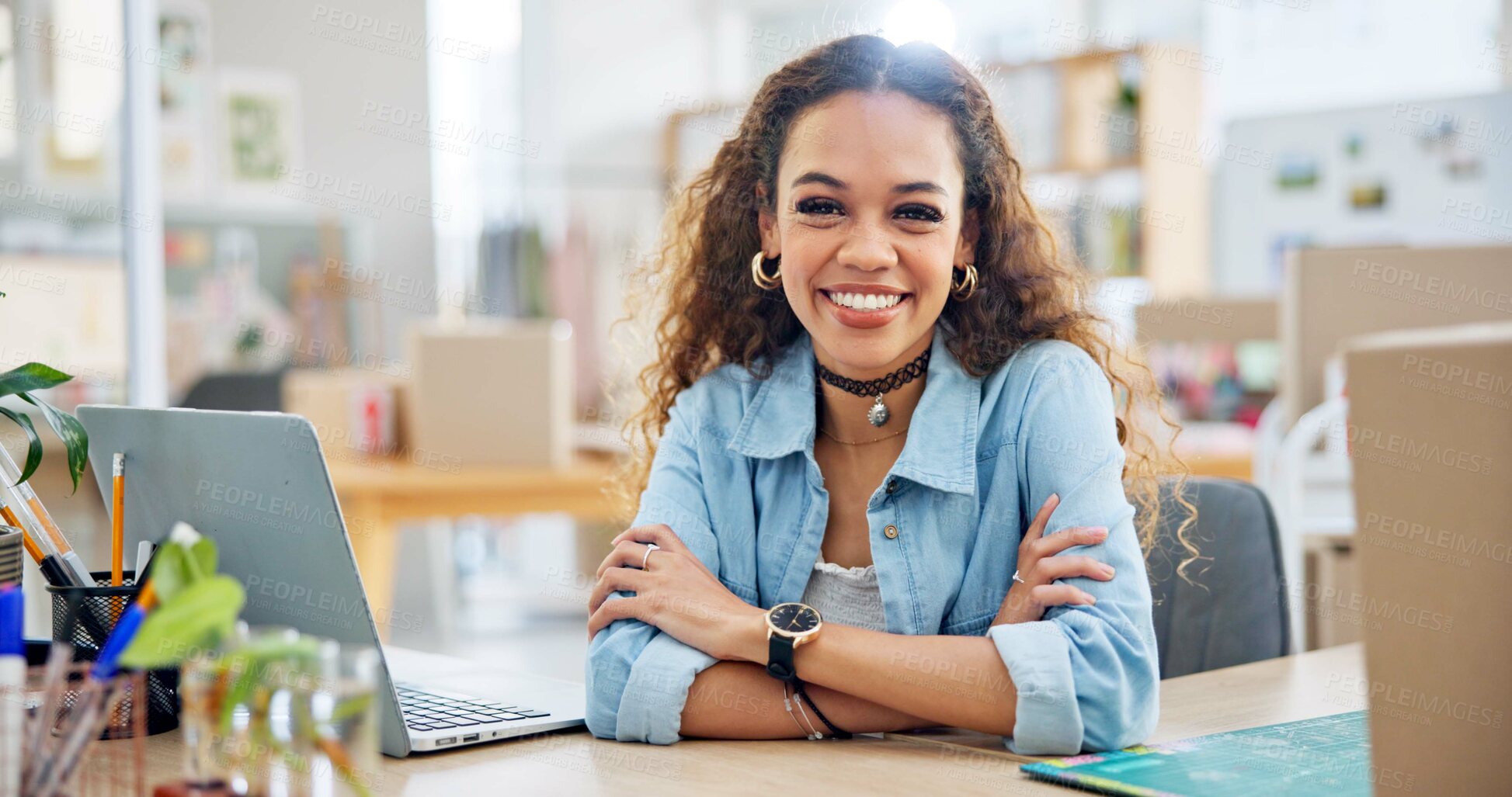 Buy stock photo Ecommerce, happy woman at laptop with boxes and confidence for sales report with pride at fashion startup. Online shopping, package and small business owner with happiness, computer and arms crossed.